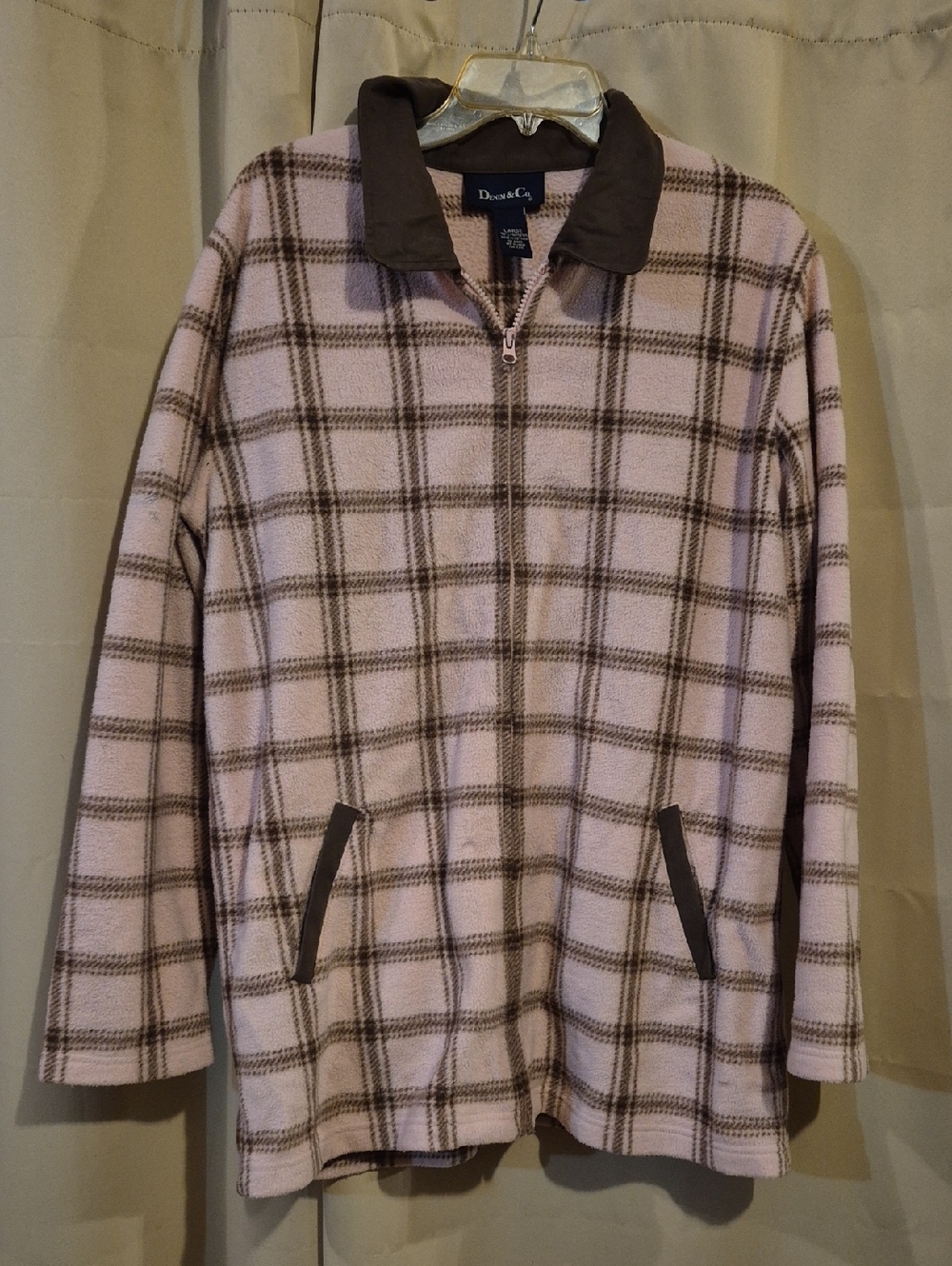 Denim&Co Light Pink and Brown Plaid Fleece Jacket